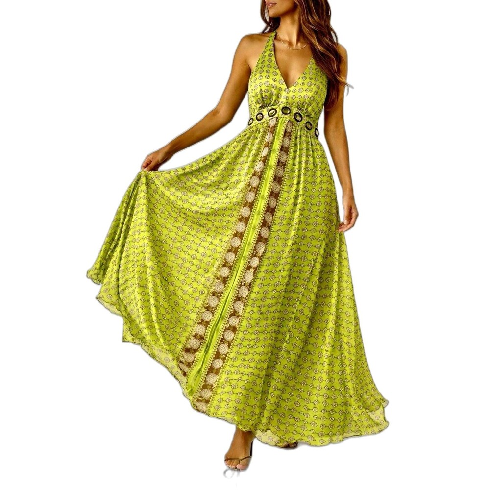 RB Collection Silk Maxi Dress Green Boho Halter Cutout Floral Y2K 10